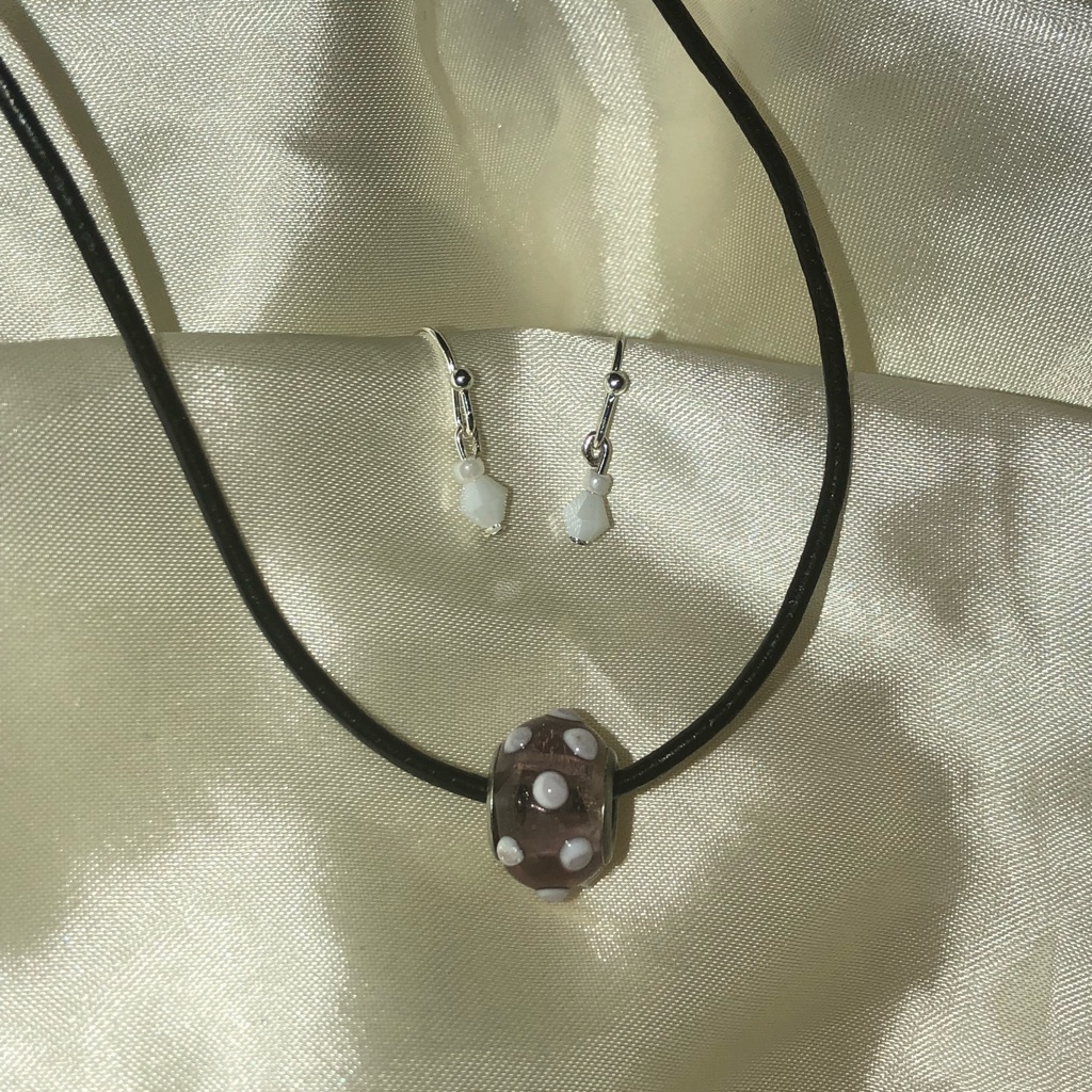 Beaded Charm On Leather Necklace & Earrings New